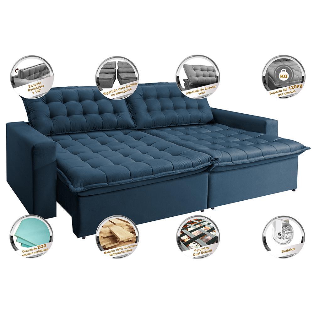 Sofá Retrátil Reclinável e Cama 2,35m Cama inBox Flex Suede Velusoft Azul - 3