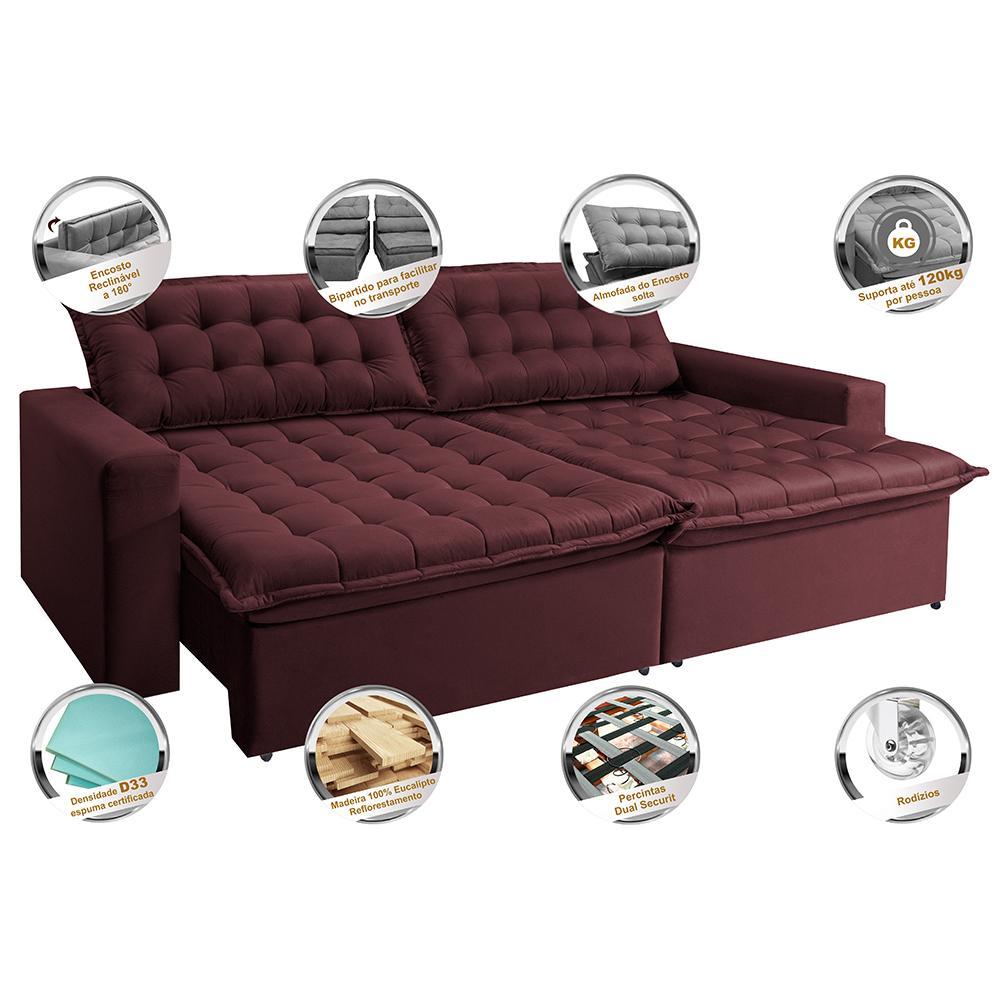 Sofá Retrátil Reclinável e Cama 2,75m Cama inBox Flex Suede Velusoft Vinho - 3