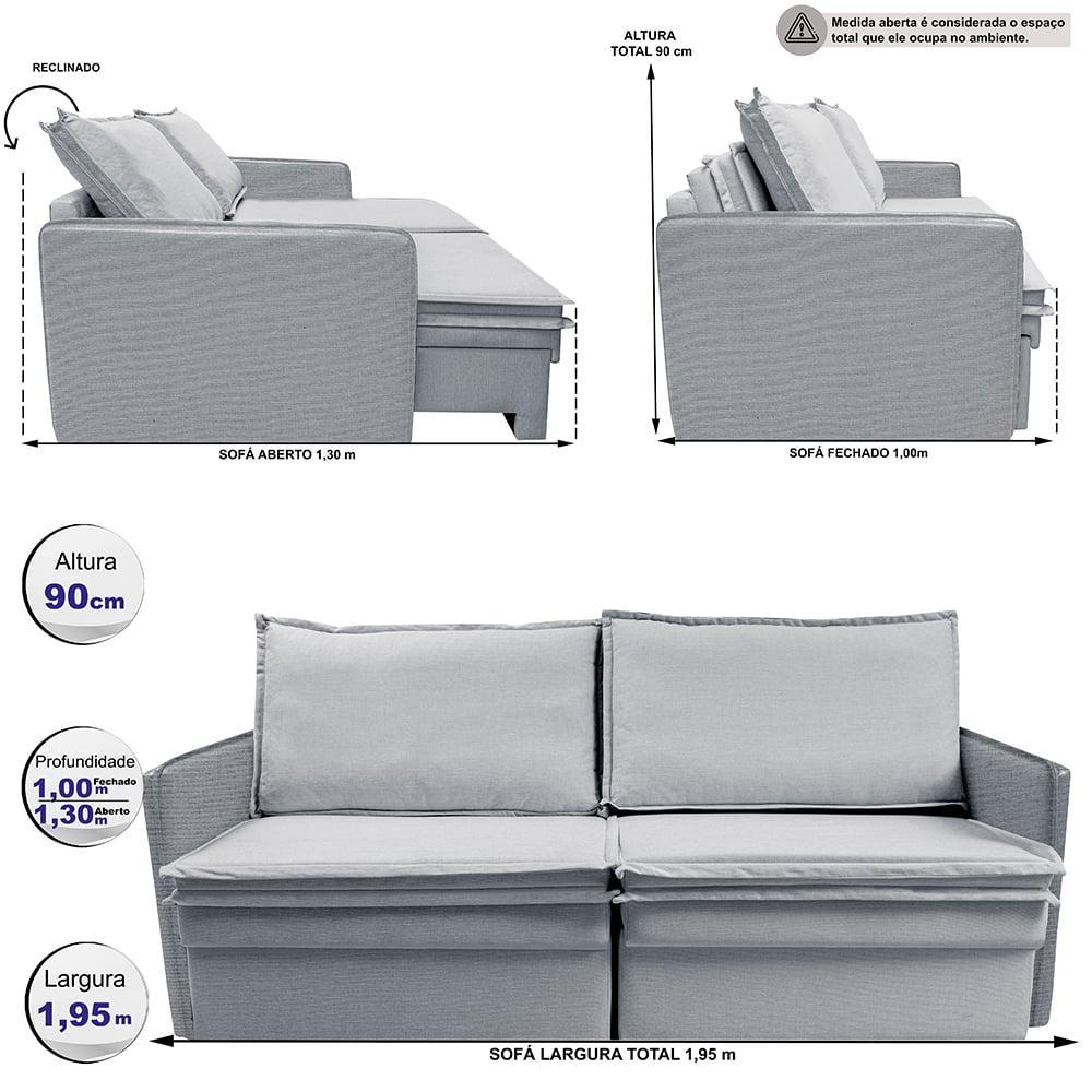 Sofá Sem Caixa Retrátil Baú 1,95m Lounge Linho Cinza Claro Cama inBox - 3