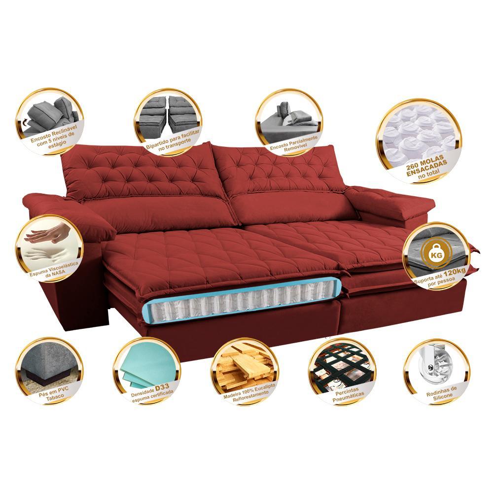 Sofá Retrátil, Reclinável Molas Ensacada Cama inBox Botonê 2,52m Espuma Viscoelástico Suede Vermelho - 10