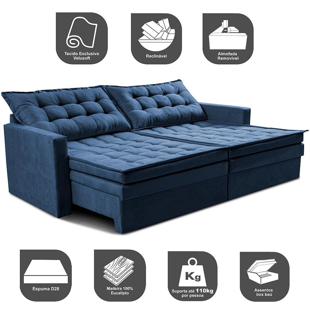 Sofá Sem Caixa Retrátil Baú 1,80m Cama inBox Secret Suede Velusoft Azul - 4