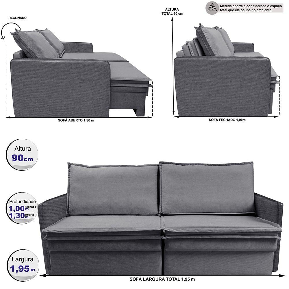 Sofá Sem Caixa Retrátil Baú 1,95m Lounge Linho Cinza Escuro Cama inBox - 3