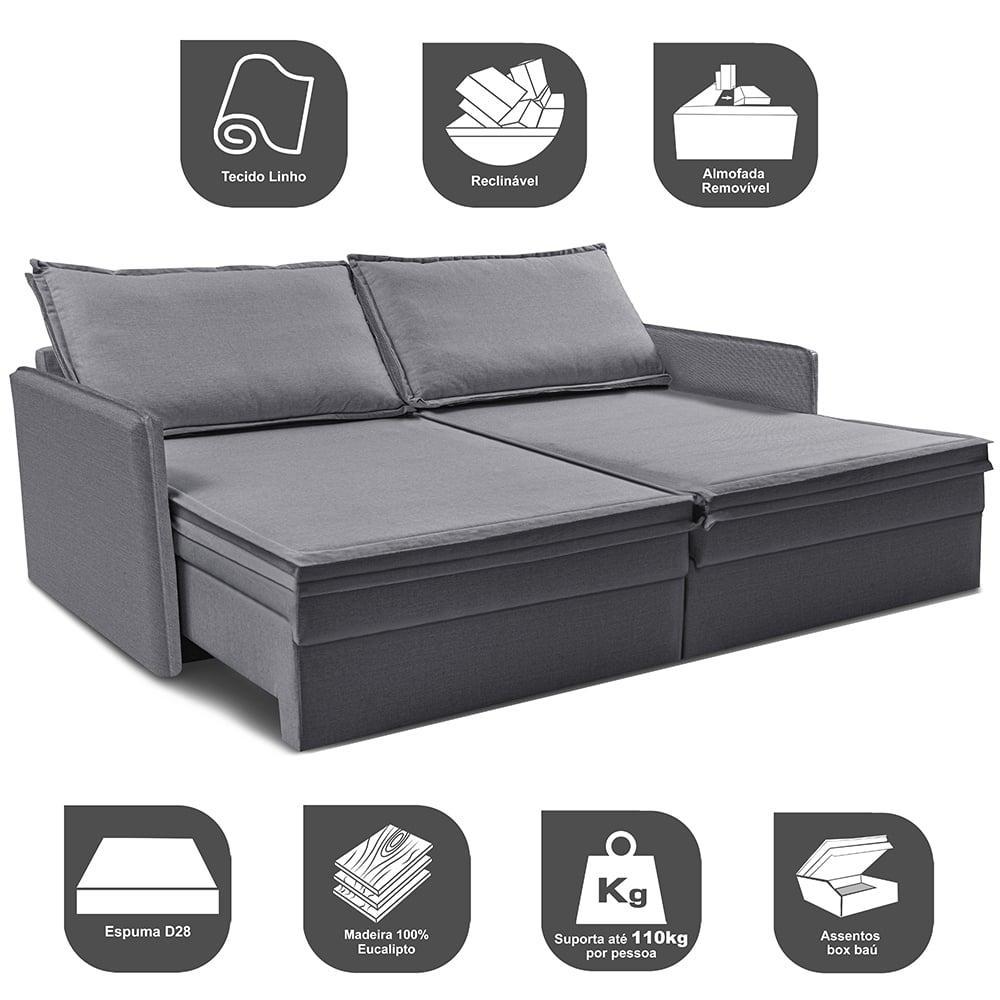 Sofá Sem Caixa Retrátil Baú 1,95m Lounge Linho Cinza Escuro Cama inBox - 4
