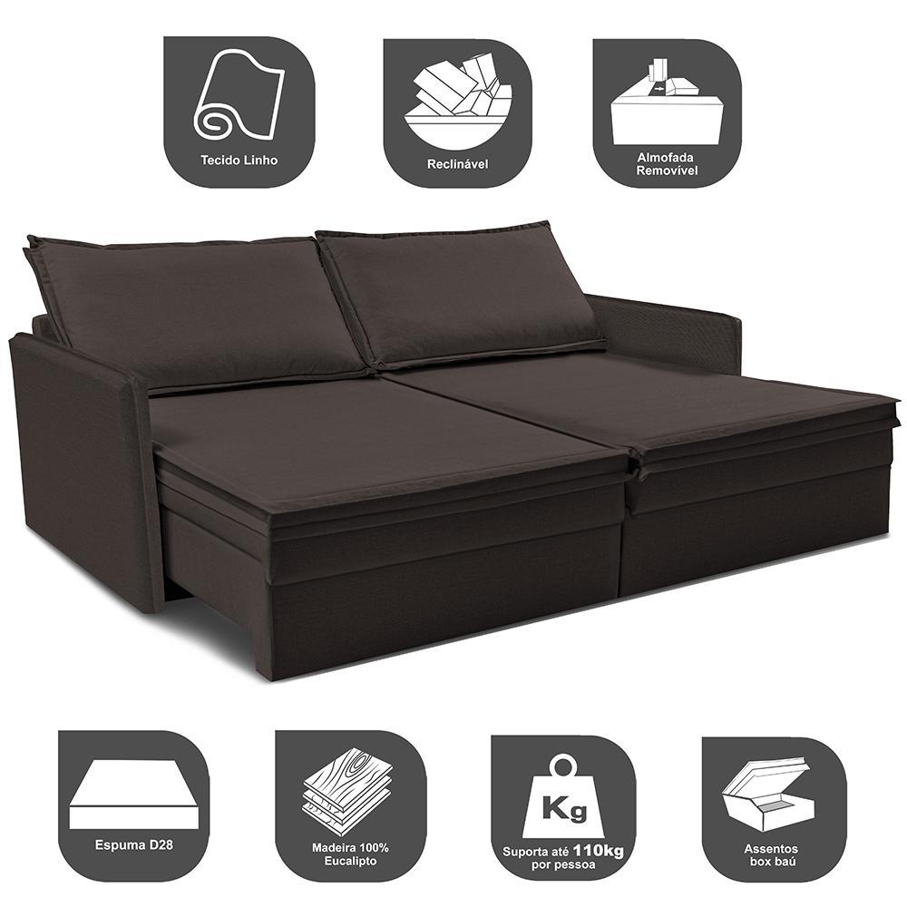 Sofá Sem Caixa Retrátil Baú 1,75m Lounge Linho Marrom Cama inBox - 4