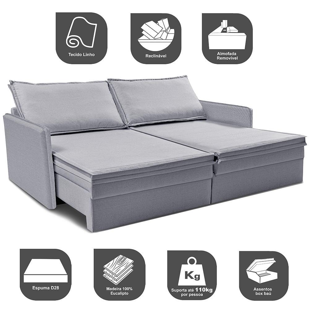 Sofá Sem Caixa Retrátil Baú 1,75m Lounge Linho Cinza Claro Cama inBox - 4