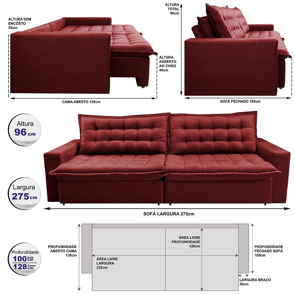 Sofá Retrátil Reclinável e Cama 2,75m Cama inBox Flex Suede Velusoft Vermelho - 2