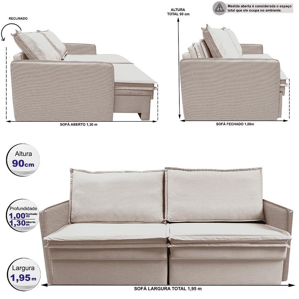 Sofá Sem Caixa Retrátil Baú 1,95m Lounge Linho Bege Claro Cama inBox - 3