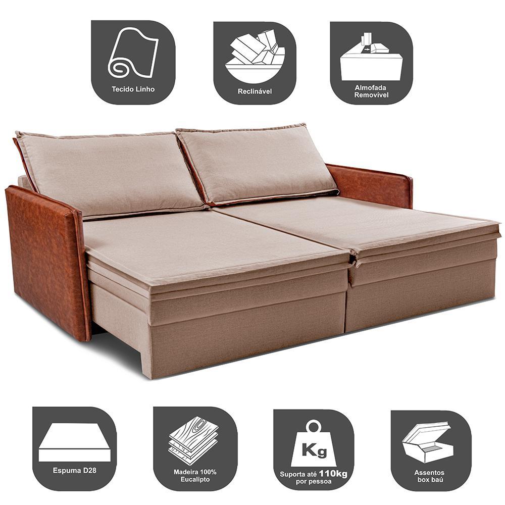 Sofá Sem Caixa Retrátil Baú 1,95m Cama inBox Grace Tecido Linho e Courino Bege Escuro - 4