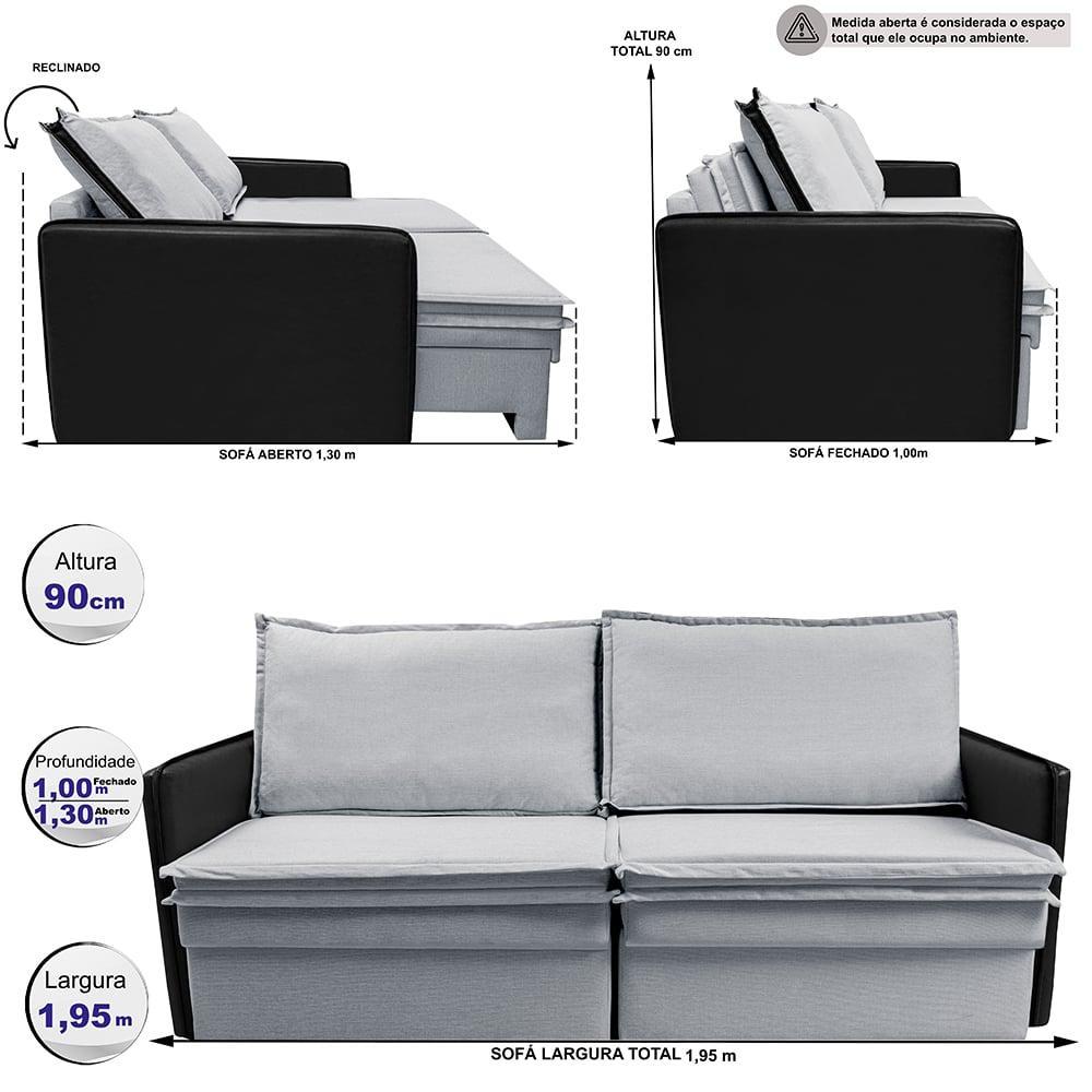 Sofá Sem Caixa Retrátil Baú 1,95m Cama inBox Grace Tecido Linho e Courino Cinza Claro - 3