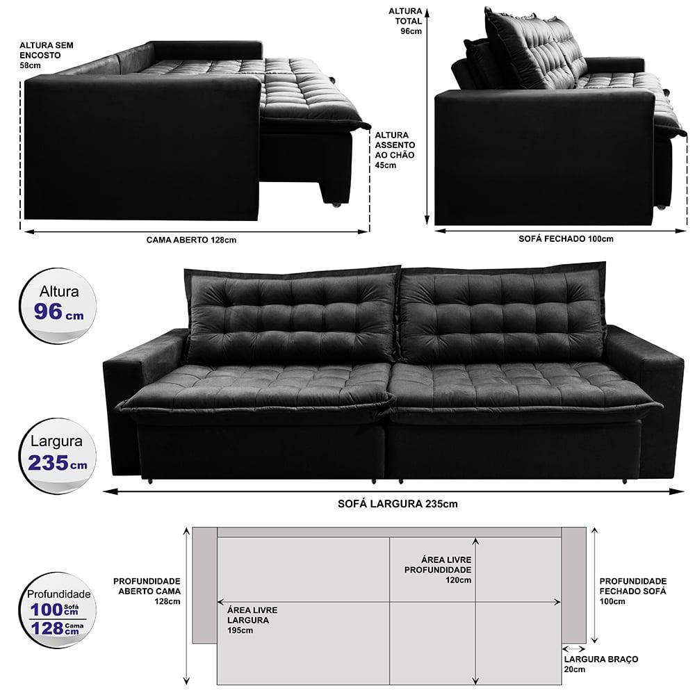 Sofá Retrátil Reclinável e Cama 2,35m Cama inBox Flex Suede Velusoft Preto - 2