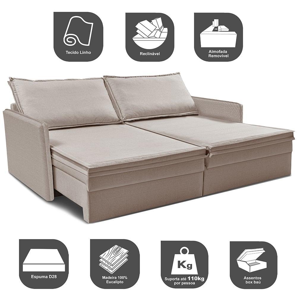 Sofá Sem Caixa Retrátil Baú 1,75m Lounge Linho Bege Claro Cama inBox - 4