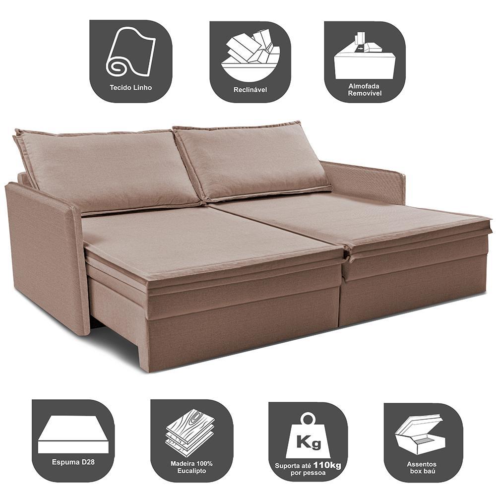 Sofá Sem Caixa Retrátil Baú 1,75m Lounge Linho Bege Escuro Cama inBox - 4