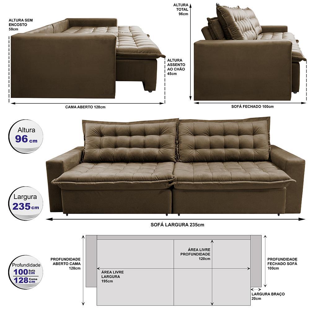 Sofá Retrátil Reclinável e Cama 2,35m Cama inBox Flex Suede Velusoft Castor - 2