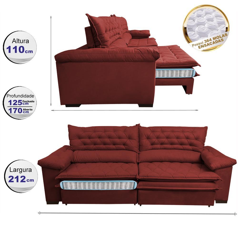 Sofá Retrátil, Reclinável Molas Ensacada Cama inBox Botonê 2,12m Espuma Viscoelástico Suede Vermelho - 2