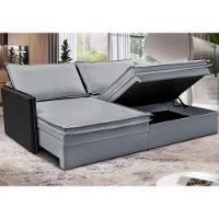 Sofá Sem Caixa Retrátil Baú 1,75m Cama inBox Grace Tecido Linho e Courino Cinza Claro - 1