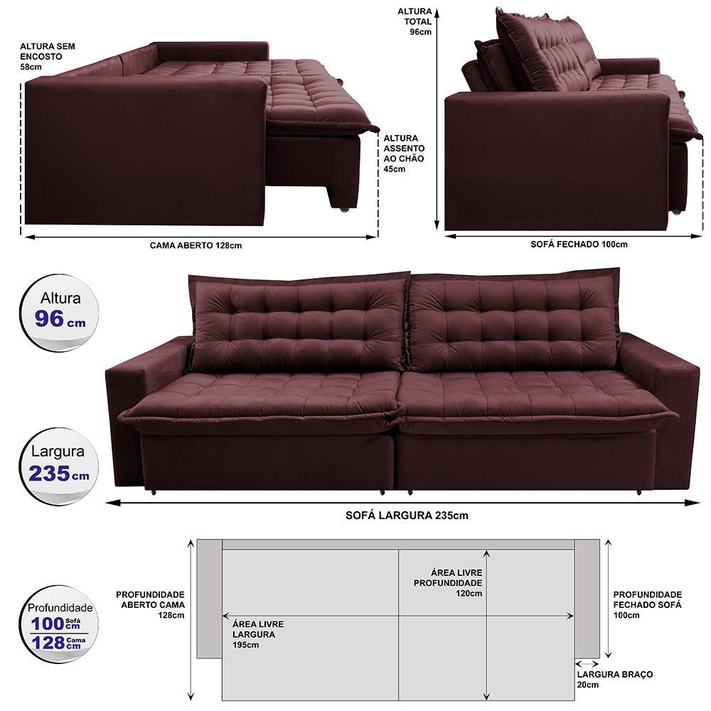 Sofá Retrátil Reclinável e Cama 2,35m Cama inBox Flex Suede Velusoft Vinho - 2