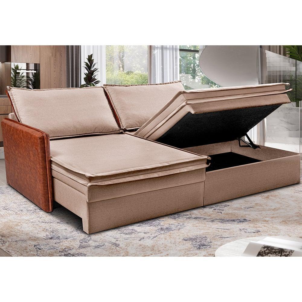 Sofá Sem Caixa Retrátil Baú 1,75m Cama inBox Grace Tecido Linho e Courino Bege Escuro - 1