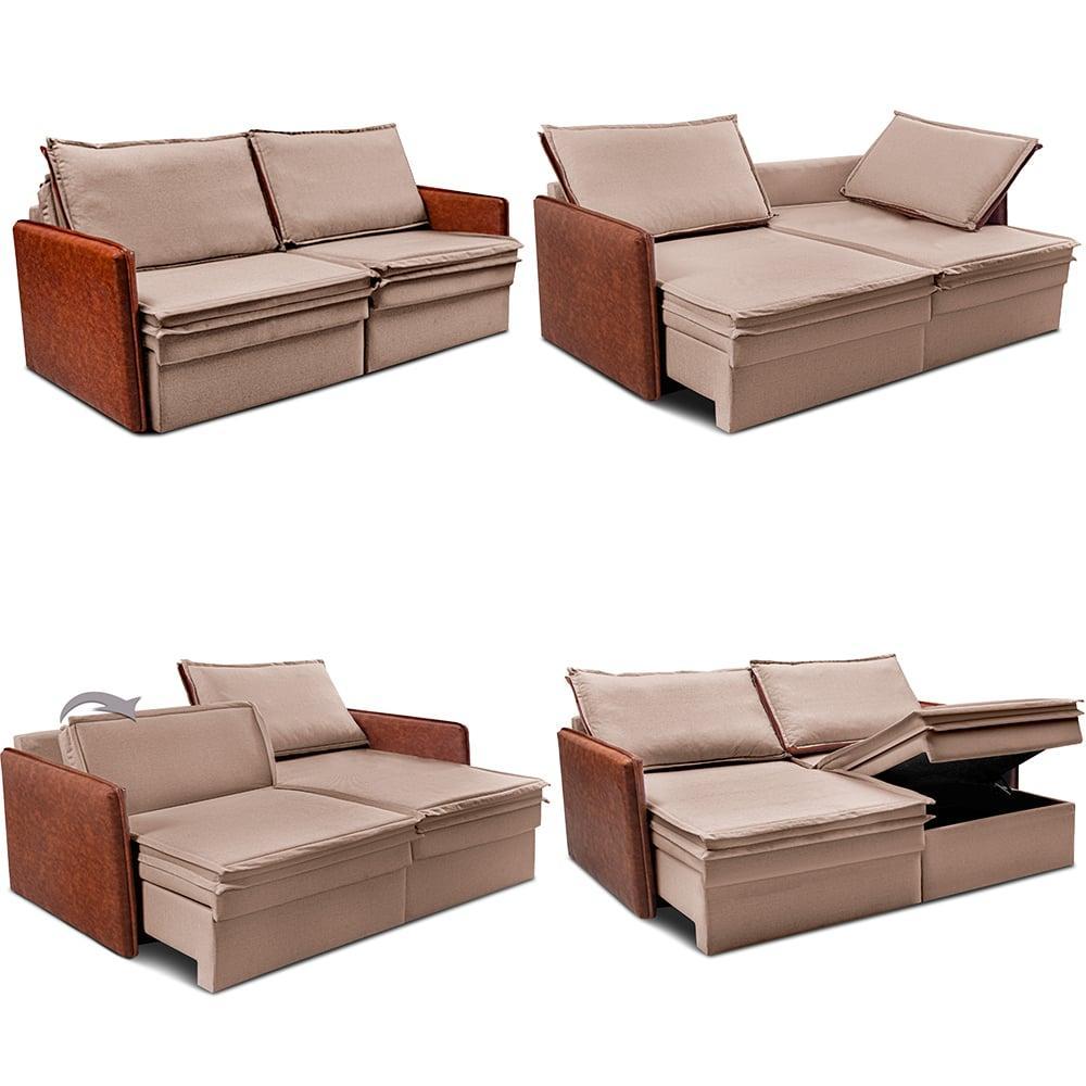 Sofá Sem Caixa Retrátil Baú 1,75m Cama inBox Grace Tecido Linho e Courino Bege Escuro - 2