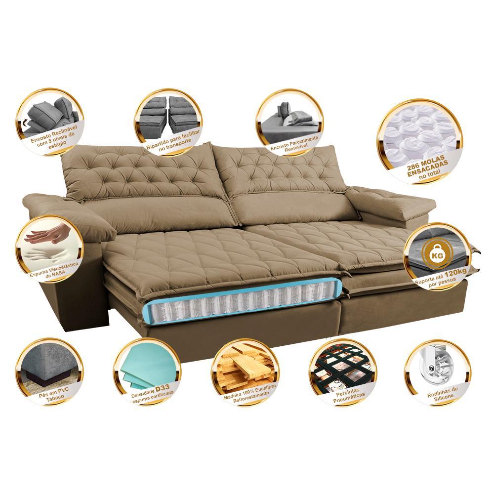 Sofá Retrátil e Reclinável Molas Ensacadas Cama inBox Botonê 2,72m Espuma Viscoelástico Suede Castor - 3