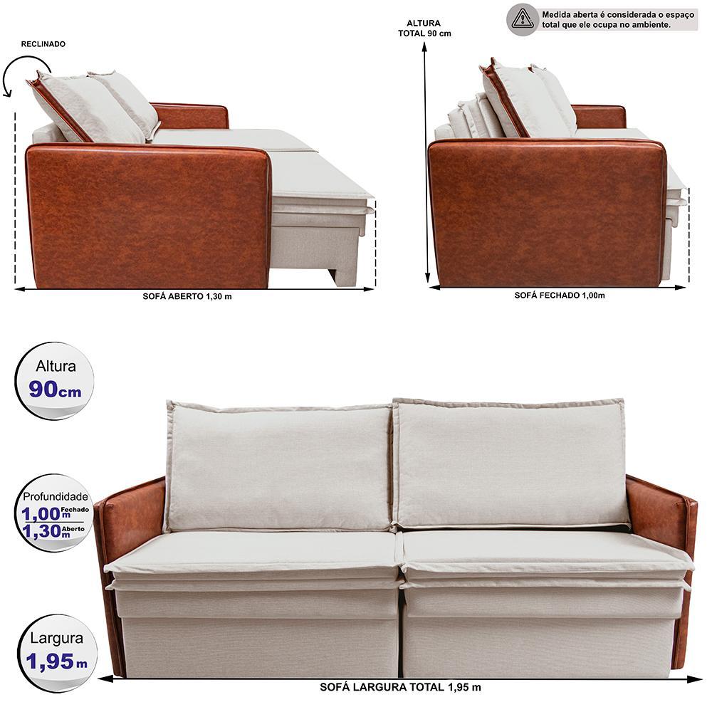 Sofá Sem Caixa Retrátil Baú 1,95m Cama inBox Grace Tecido Linho e Courino Bege Claro - 3