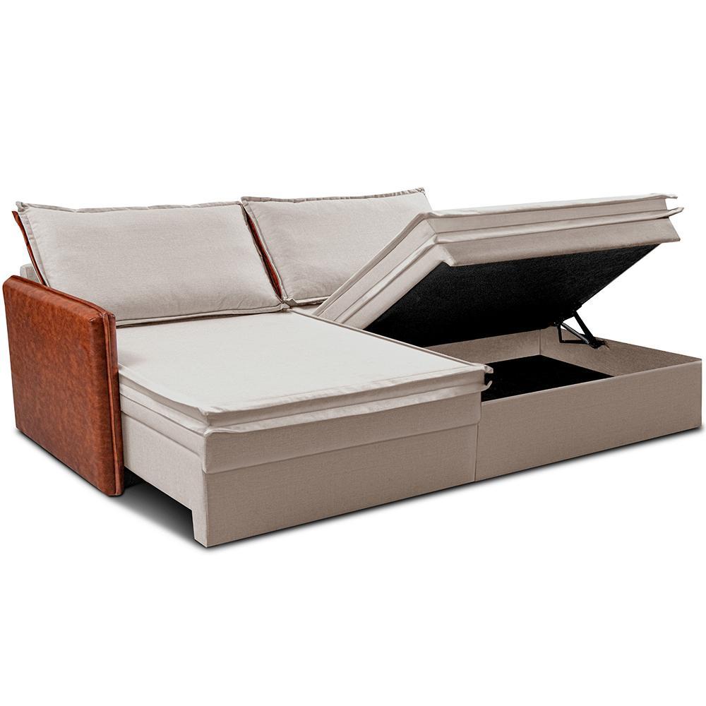 Sofá Sem Caixa Retrátil Baú 1,95m Cama inBox Grace Tecido Linho e Courino Bege Claro - 8