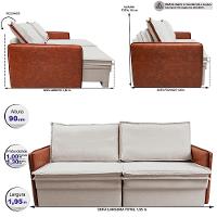 Sofá Sem Caixa Retrátil Baú 1,95m Cama inBox Grace Tecido Linho e Courino Bege Claro - 3