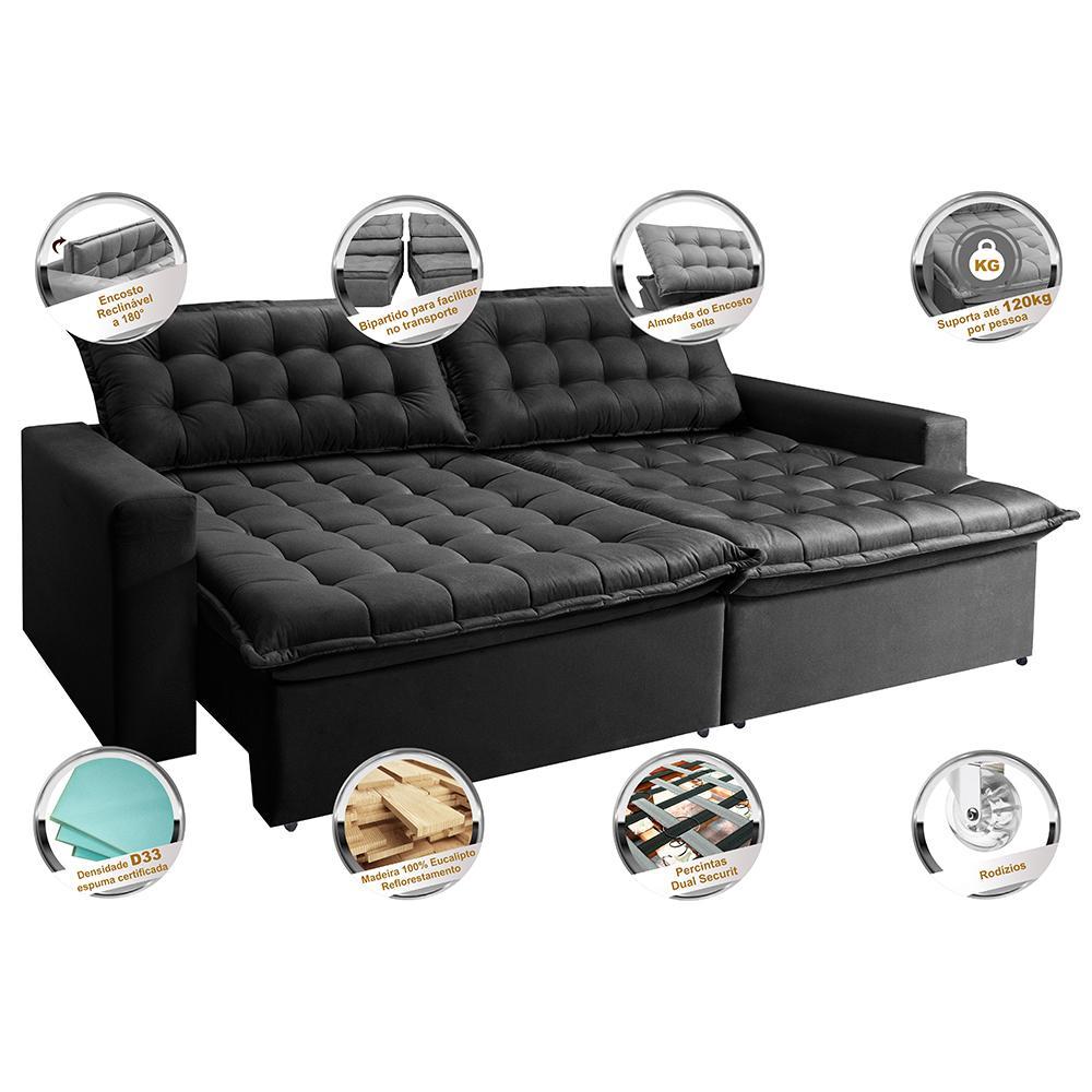 Sofá Retrátil Reclinável e Cama 2,95m Cama inBox Flex Suede Velusoft Preto - 3