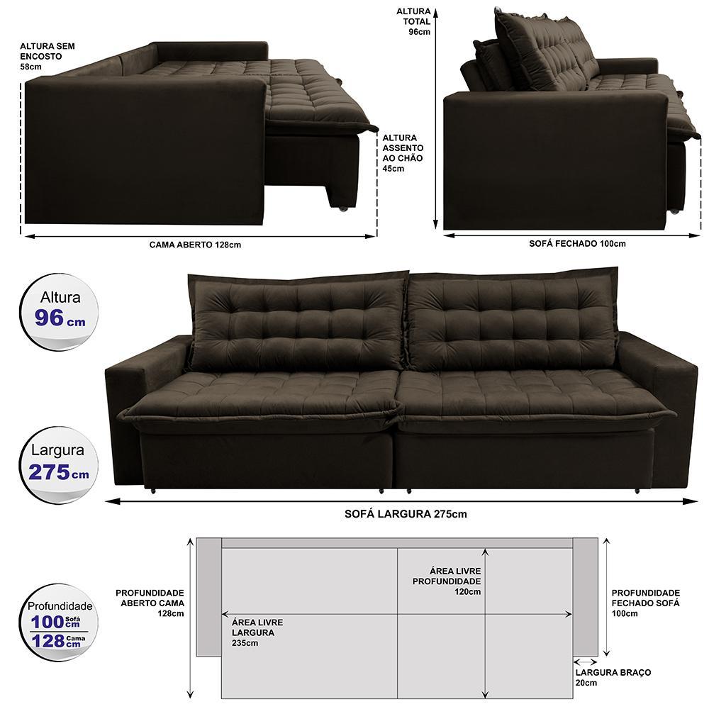 Sofá Retrátil Reclinável e Cama 2,75m Cama inBox Flex Suede Velusoft Café - 2