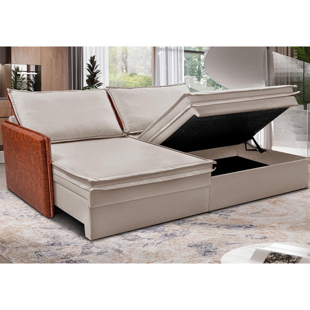 Sofá Sem Caixa Retrátil Baú 1,75m Cama inBox Grace Tecido Linho e Courino Bege Claro - 1