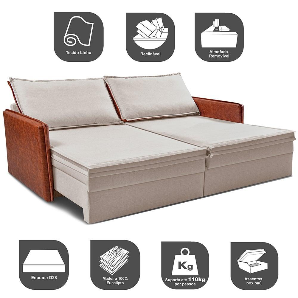 Sofá Sem Caixa Retrátil Baú 1,75m Cama inBox Grace Tecido Linho e Courino Bege Claro - 4