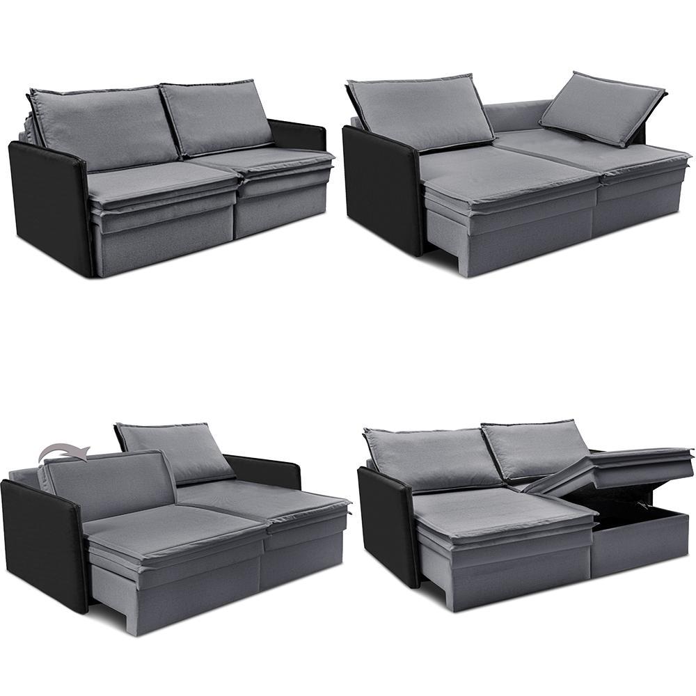 Sofá Sem Caixa Retrátil Baú 1,75m Cama inBox Grace Tecido Linho e Courino Cinza Escuro - 2