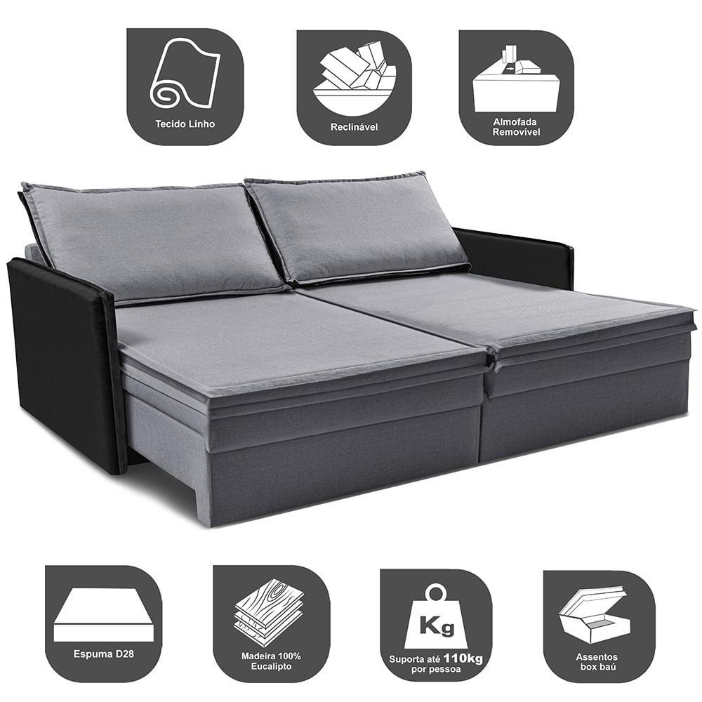 Sofá Sem Caixa Retrátil Baú 1,75m Cama inBox Grace Tecido Linho e Courino Cinza Escuro - 4