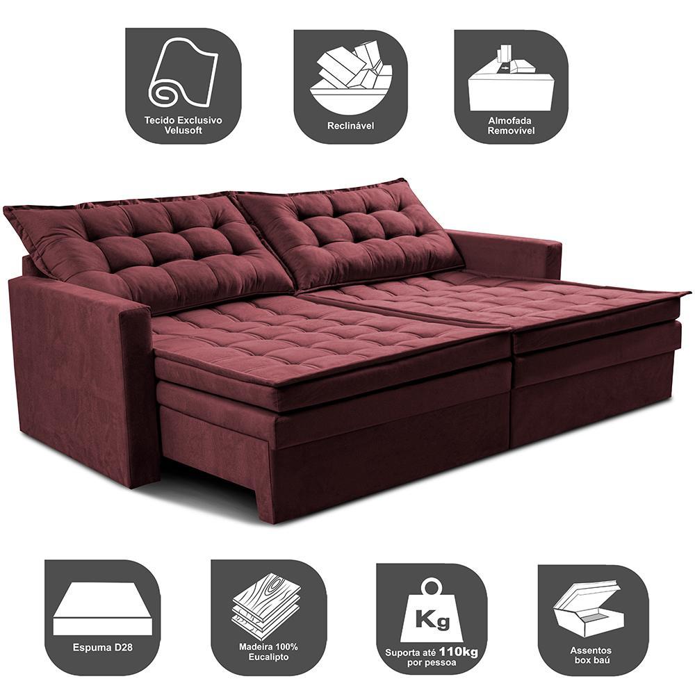 Sofá Sem Caixa Retrátil Baú 1,60m Cama inBox Secret Suede Velusoft Vinho - 4