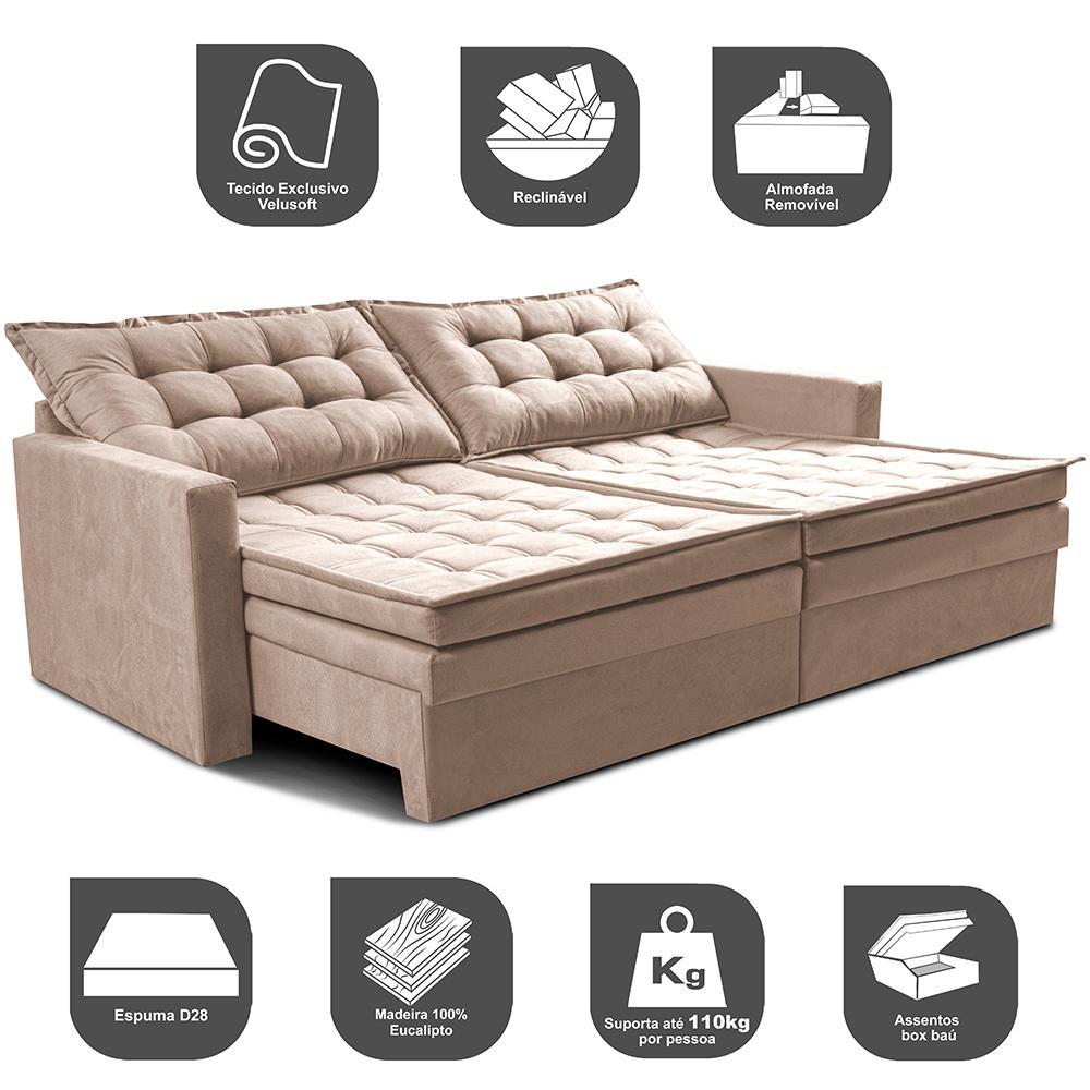 Sofá Sem Caixa Retrátil Baú 1,80m Cama inBox Secret Suede Velusoft Bege - 4