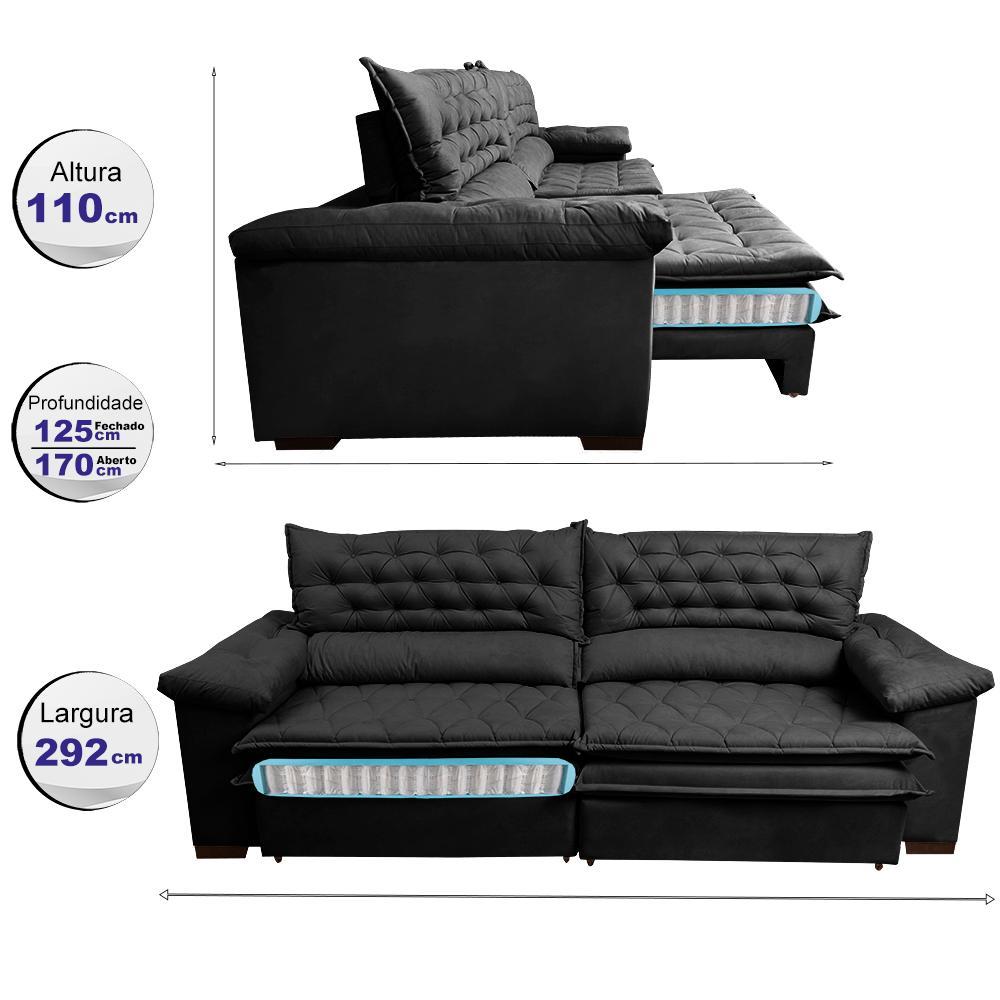 Sofá Retrátil e Reclinável Molas Ensacadas Cama inBox Botonê 2,92m Espuma Viscoelástico Suede Preto - 2