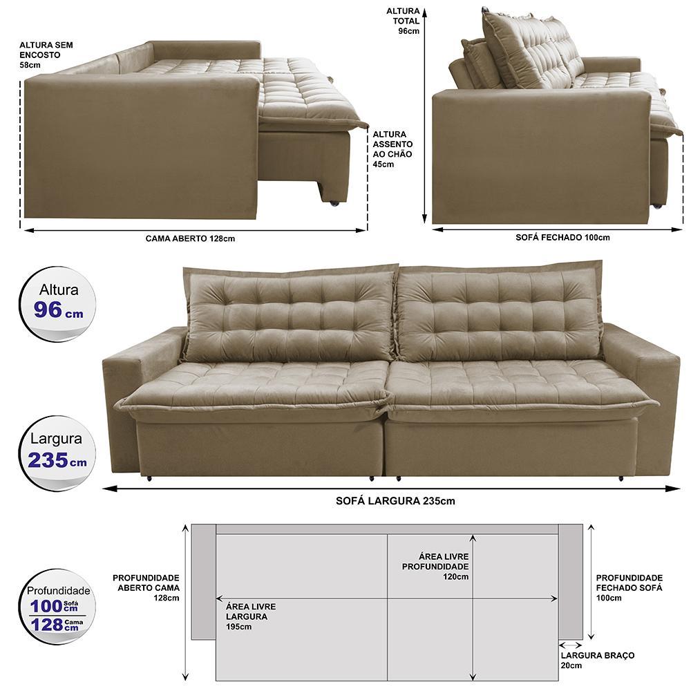 Sofá Retrátil Reclinável e Cama 2,35m Cama inBox Flex Suede Velusoft Bege - 2