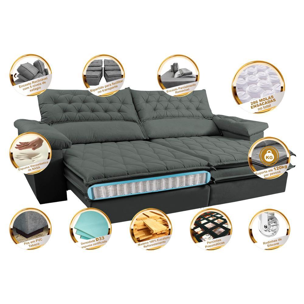 Sofá Retrátil e Reclinável Molas Ensacadas Cama inBox Botonê 2,72m Espuma Viscoelástico Suede Cinza - 3