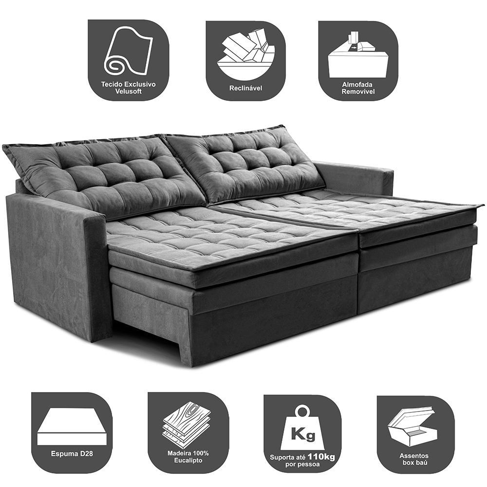 Sofá Sem Caixa Retrátil Baú 1,60m Cama inBox Secret Suede Velusoft Cinza - 4