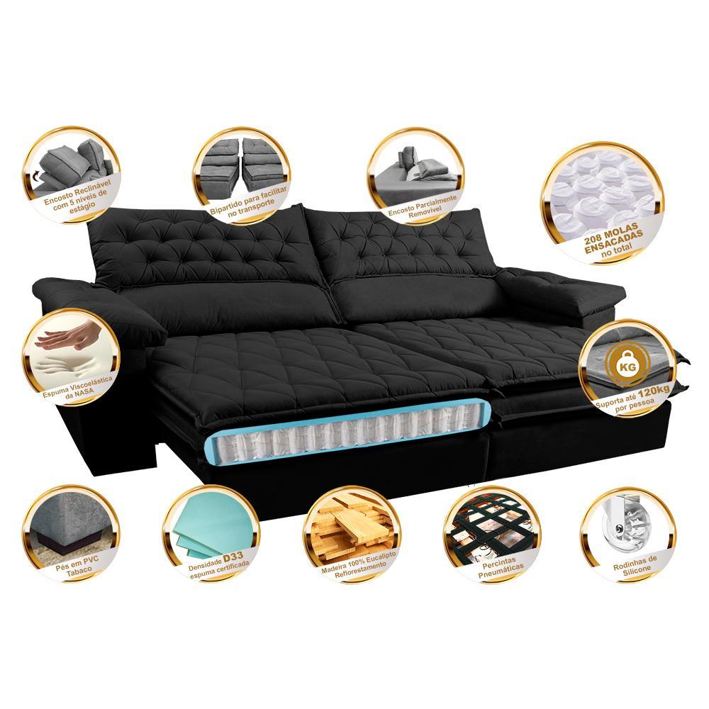 Sofá Retrátil e Reclinável Molas Ensacadas Cama inBox Botonê 2,32m Espuma Viscoelástico Suede Preto - 3