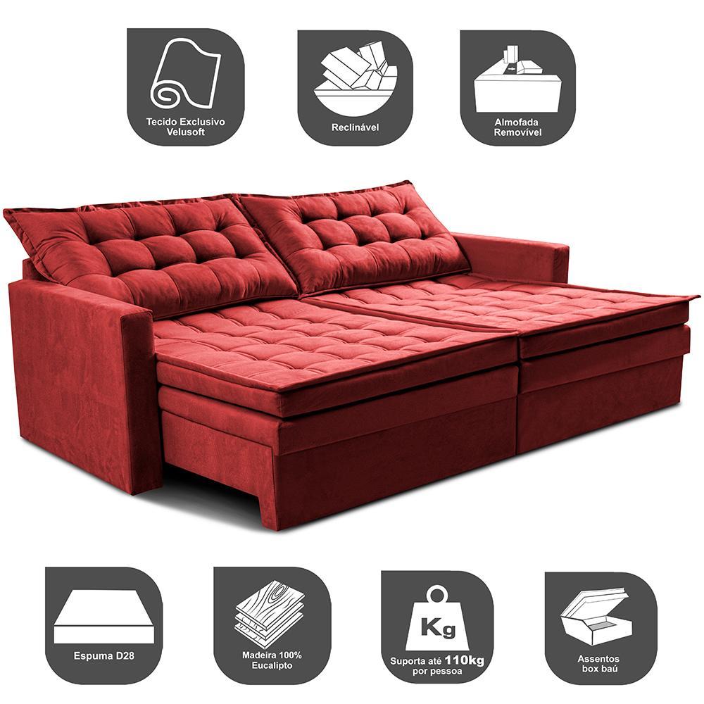 Sofá Sem Caixa Retrátil Baú 1,60m Cama inBox Secret Suede Velusoft Vermelho - 4