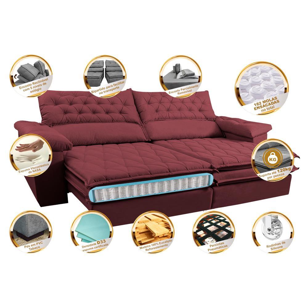 Sofá Retrátil e Reclinável Molas Ensacadas Cama inBox Botonê 2,12m Espuma Viscoelástico Suede Vinho - 3