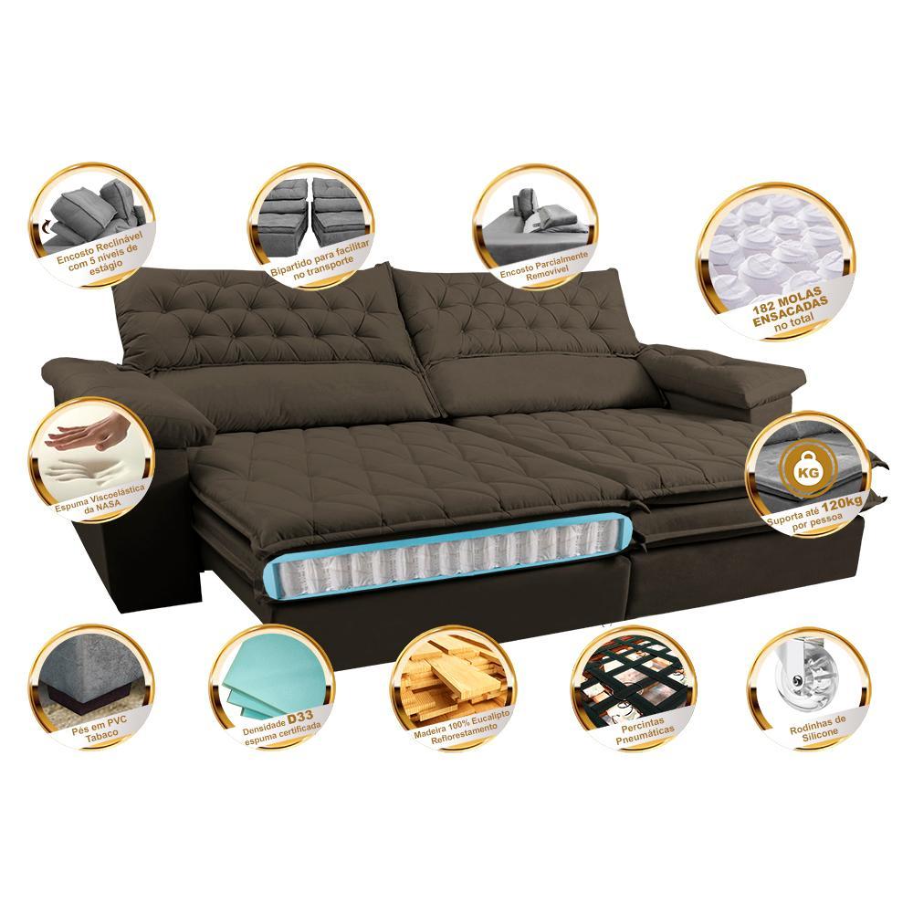 Sofá Retrátil e Reclinável Molas Ensacadas Cama inBox Botonê 2,12m Espuma Viscoelástico Suede Café - 3