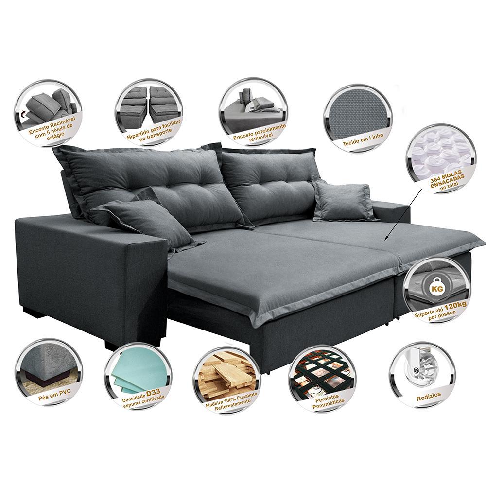 Sofá Retrátil e Reclinável com Molas Ensacadas Cama inBox Prime 3,12m Tecido Linho Cinza Escuro - 3