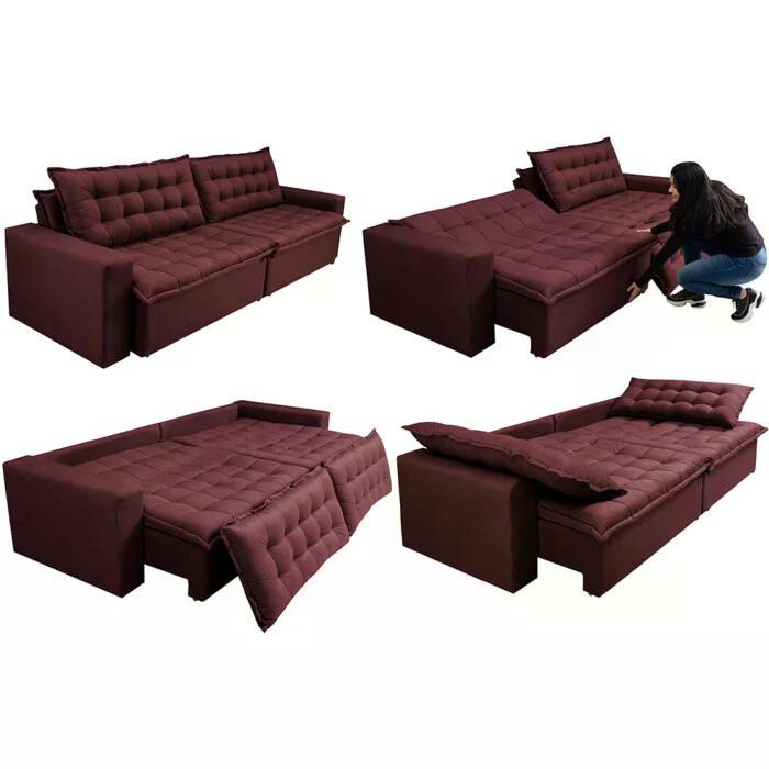 Sofá Sem Caixa Retrátil Reclinável 2,95m Cama inBox França Velusoft Vinho - 7