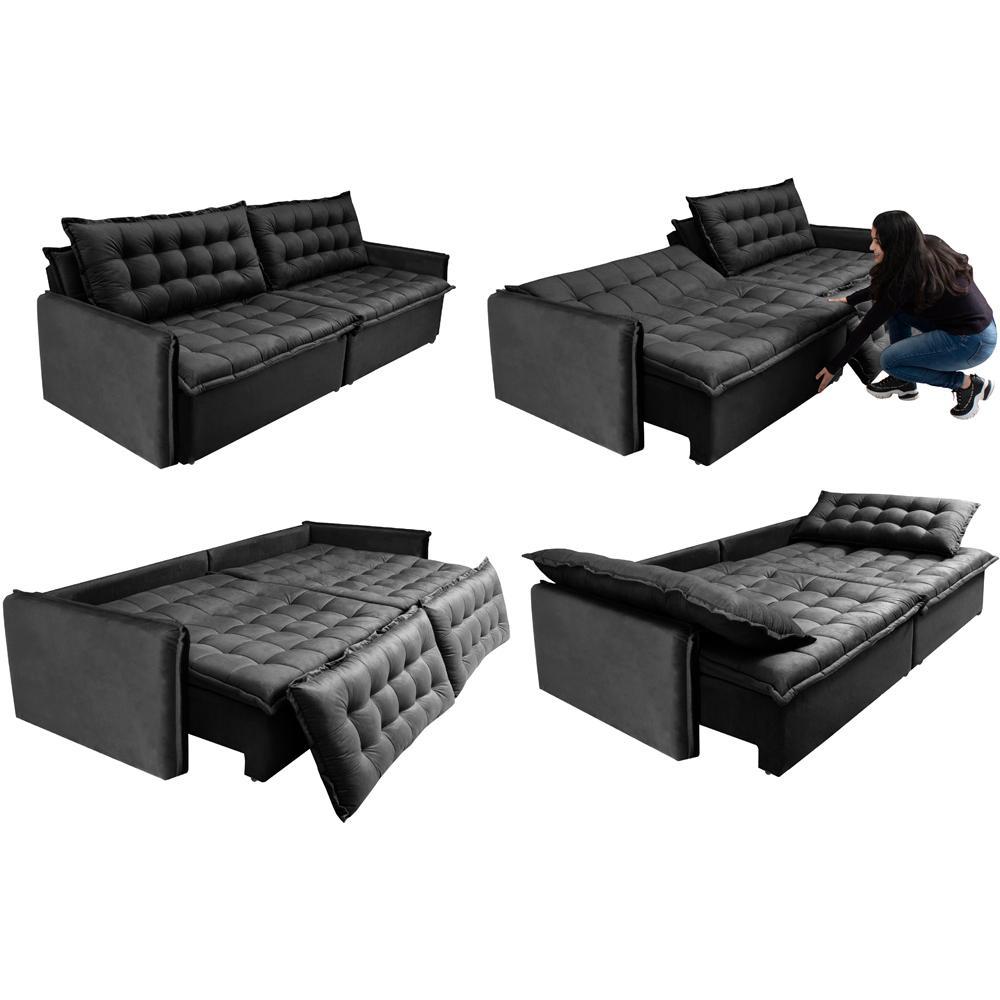 Sofá Sem Caixa Retrátil Reclinável 2,15m Cama inBox Versátil com Pillow Top e Molas Velusoft Preto - 7