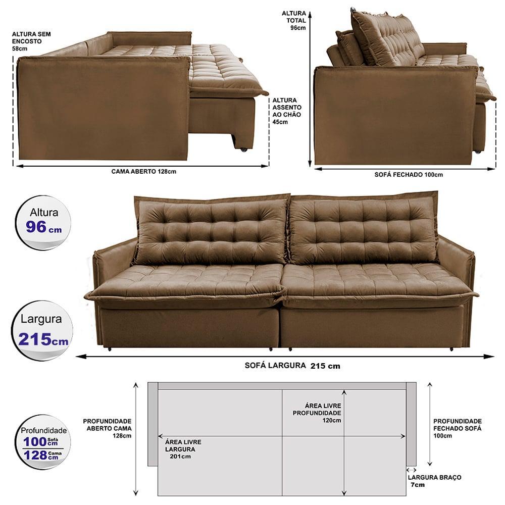 Sofá Sem Caixa Retrátil Reclinável 2,15m Cama inBox Versátil com Pillow Top e Molas Velusoft Castor - 3
