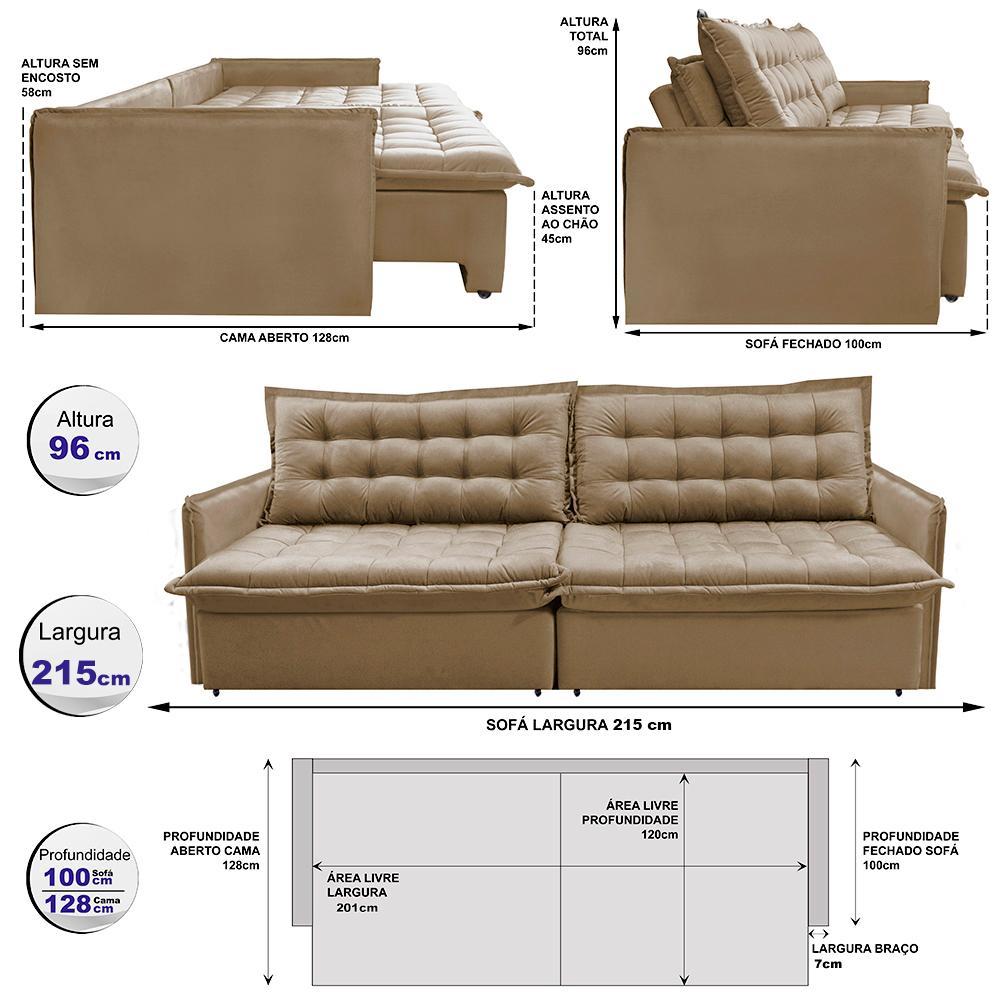 Sofá Sem Caixa Retrátil Reclinável 2,15m Cama inBox Versátil com Pillow Top e Molas Velusoft Bege - 3