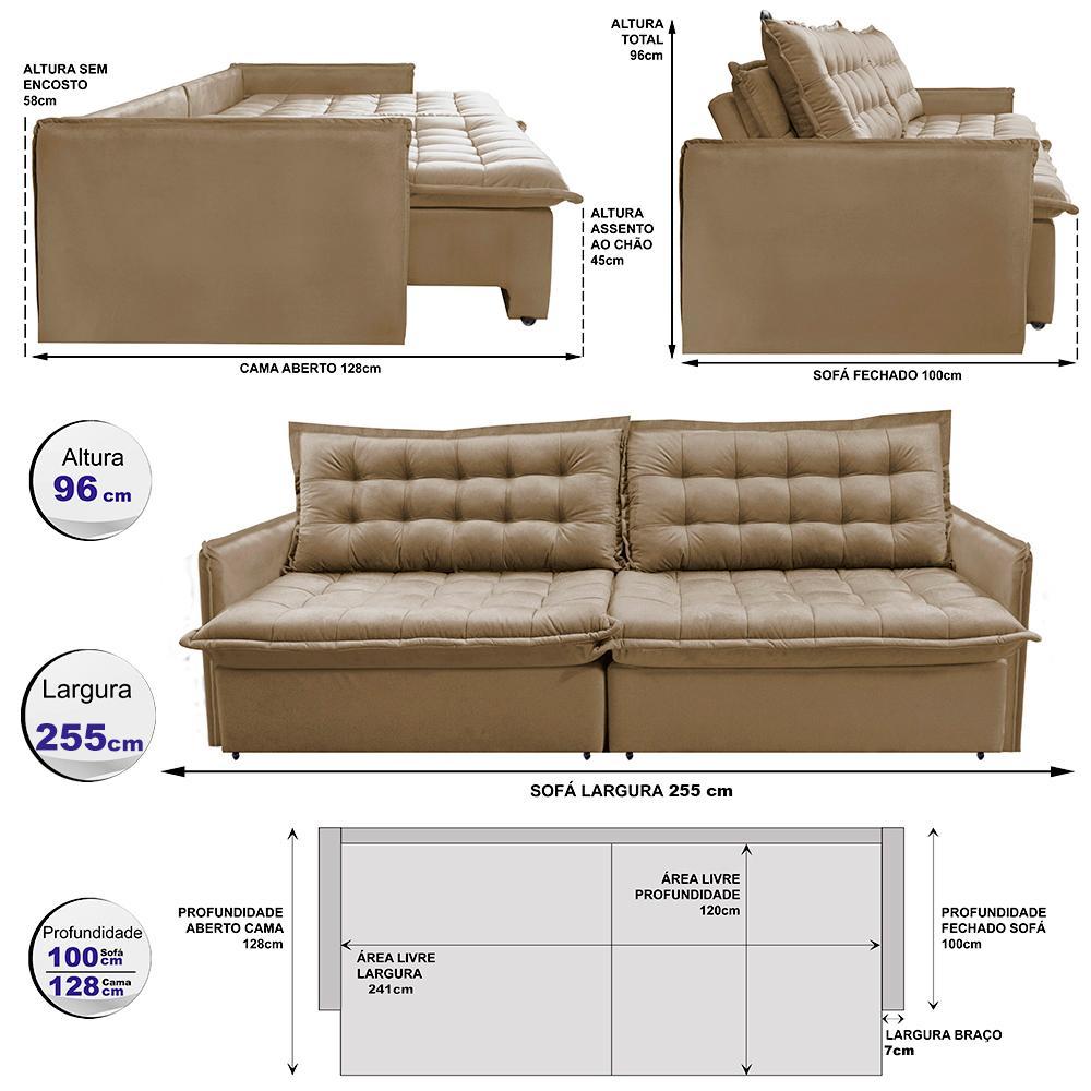 Sofá Sem Caixa Retrátil Reclinável 2,55m Cama inBox Versátil com Pillow Top e Molas Velusoft Bege - 3