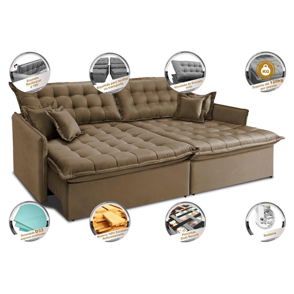Sofá Sem Caixa Retrátil Reclinável 2,55m Cama inBox Versátil com Pillow Top e Molas Velusoft Castor - 4
