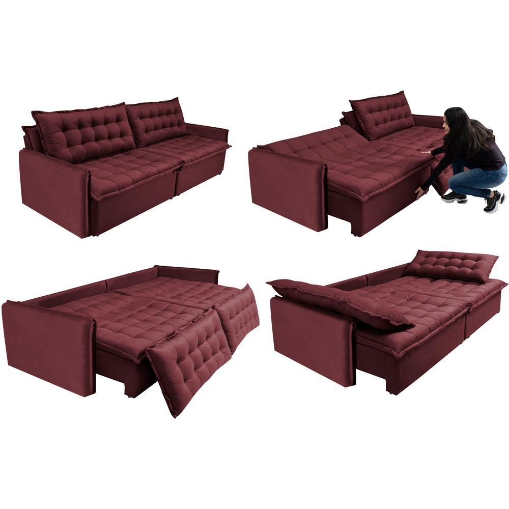 Sofá Sem Caixa Retrátil Reclinável 2,35m Cama inBox Versátil com Pillow Top e Molas Velusoft Vinho - 7